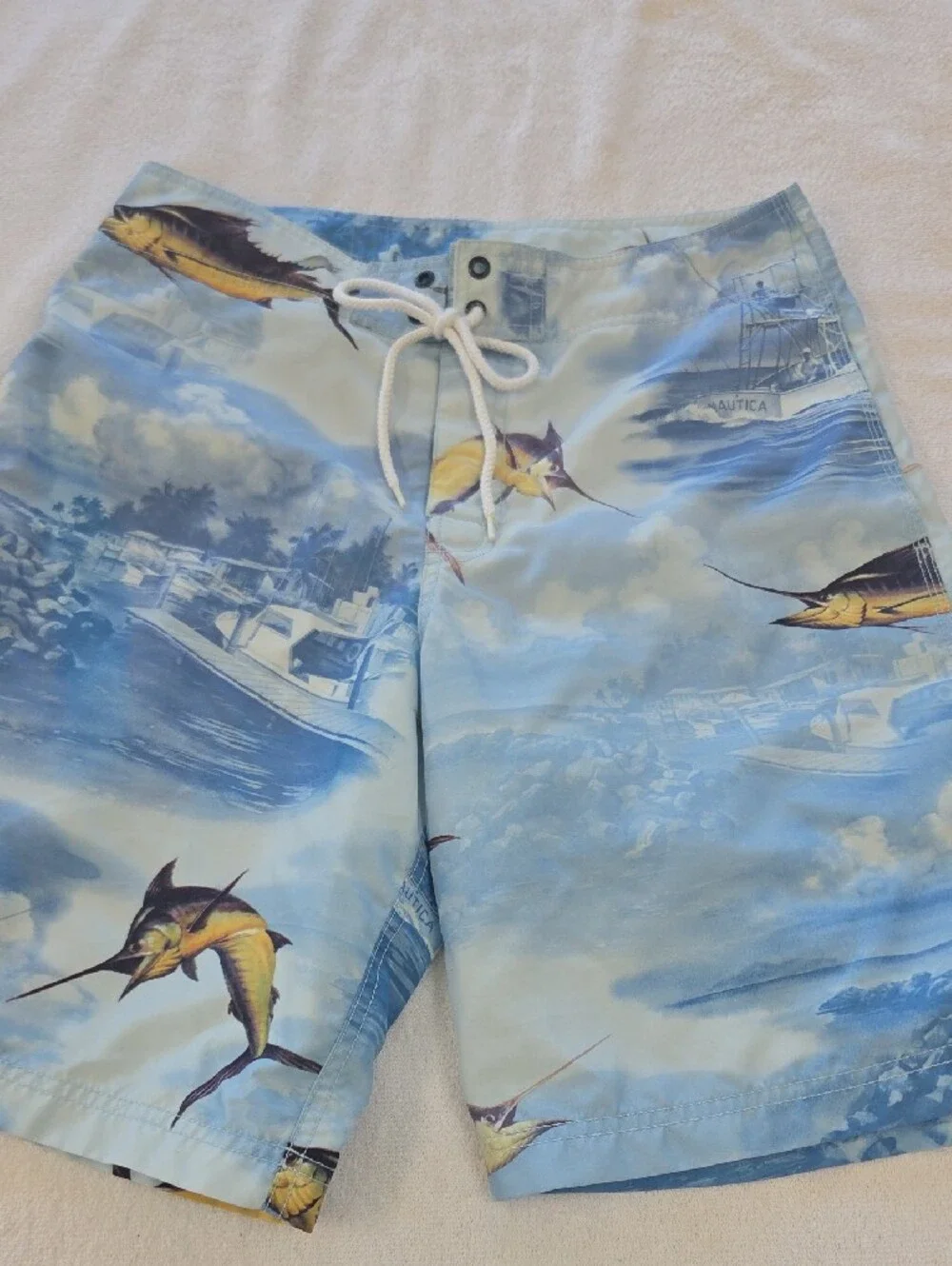 Nautica Light Blue Mesh-Lined Swim Shorts with Navy Logo Tab 30w